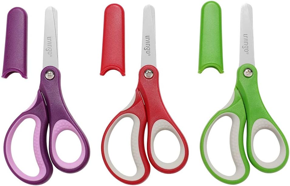 LIVINGO 3 Pack 5" Small Blunted Student Kids Craft Scissors Pink Red Blue Sharp School Scissors Stainless Steel Blades Safety Comfort Grip Handles for Children Cutting Paper – image 4