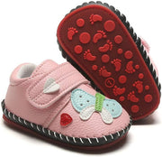 Baby Boys Girls Pu Leather Hard Bottom Walking Sneakers Toddler Rubber Sole First Walkers Infant Cartoon Slippers Crib Shoes - A/Butterfly/Pink