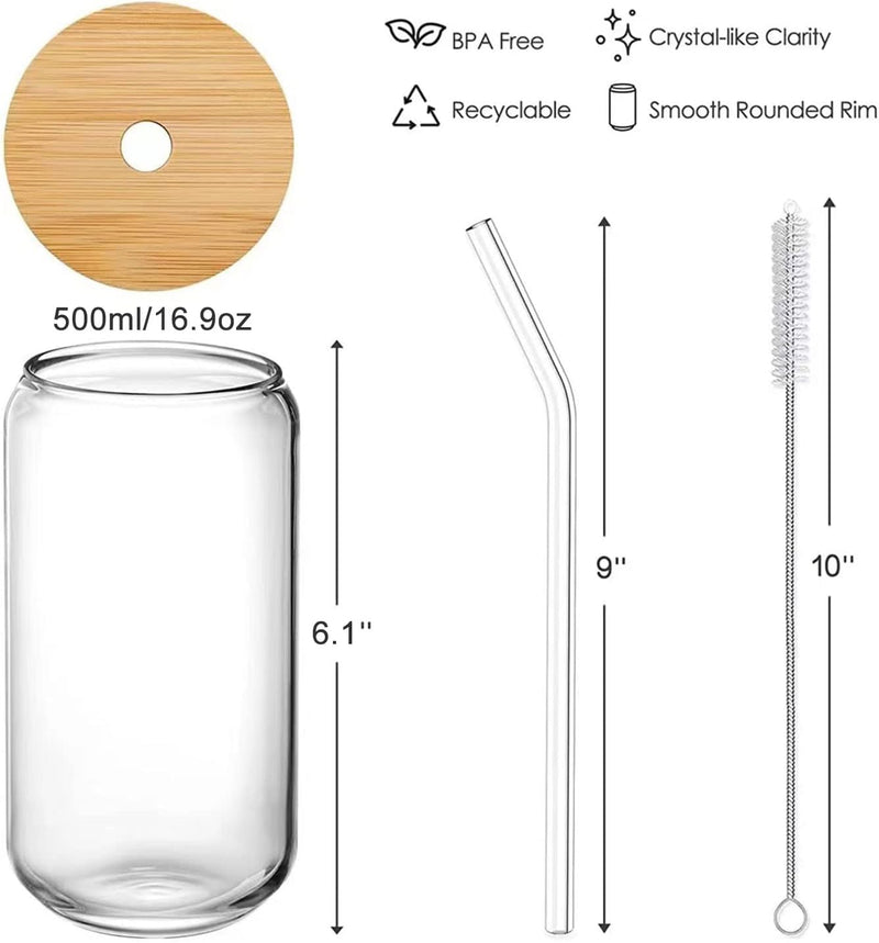 TAPIT Drinking Glasses with Bamboo Lids and Glass Straw, 13.5oz/17oz Beer Can Shaped Glass Cups, Tumbler Cup Ideal For Beer, Tea, Soda, Iced Coffee Include 2 Cleaning Brushes (2pcs,400ml*2)