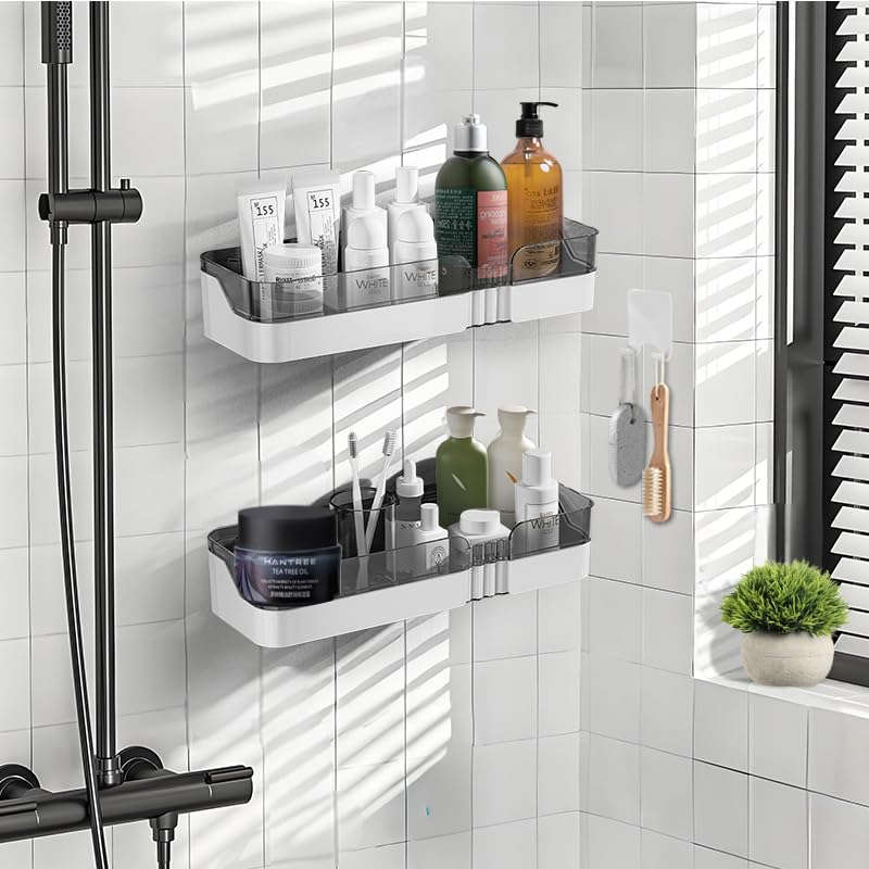 Aukomer Shower Caddy Bathroom Shower Shelves 2 Pcs: Adhesive Shower Organizer with Hook, No Drilling Dual-Layer Bathroom Wall Organizer, Upgraded Kitchen Storage Rustproof Storage Rack for Bathroom