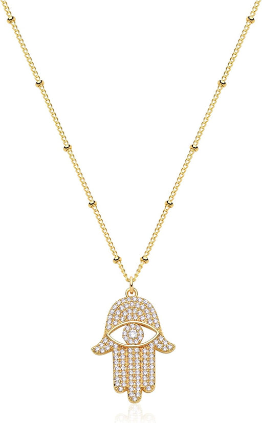 MEVECCO Gold Dainty Evil Eye Necklace for Women 18K Gold Plated Cute Delicate Solitaire Cubic Zirconia Boho Protection Evil Eye Minimalist Simple Necklace Gift - Hamsa