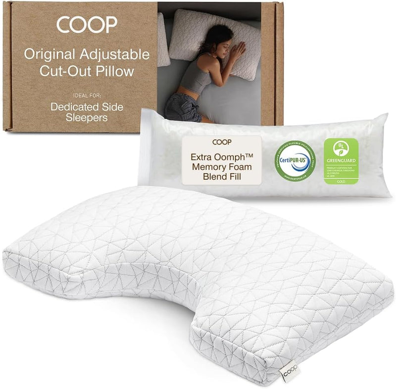 Coop Home Goods - Premium Adjustable Loft - Shredded Hypoallergenic Certipur Memory Foam Pillow with Washable Removable Cover - 20 x 30 - Queen Size - gold, Cut-out White Queen
