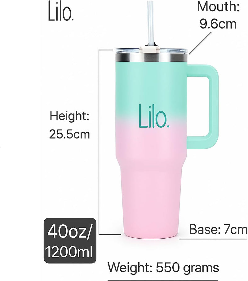 Lilo 40oz /1200ml Tumbler with Straw and Lid Vacuum Insulated Stainless Steel Travel Tumblers Cup Holder Friendly, Leak Proof Reusable Water and Coffee Tumbler for Hot & Cold Drinks (Lavender Moss)
