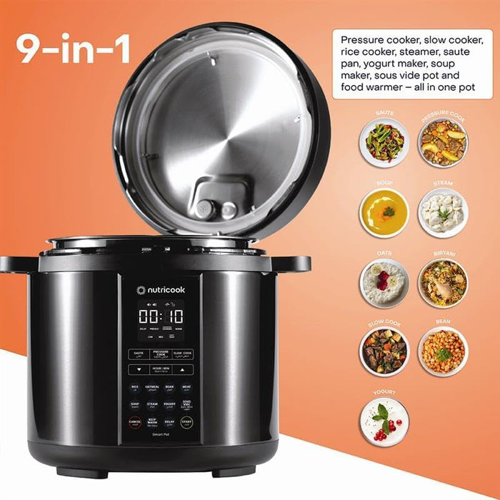 Nutricook Smart Pot Eko, 1000 Watts - 9 In 1 Instant Programmable Electric Pressure Cooker, 6 Liters, 14 Smart Programs, Brushed Stainless Steel/Black, 2 Years Warranty, Silver/Black
