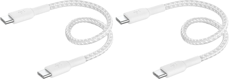 Belkin Fast Charge braided USB C to fast charger cable, USB type C charger cable fast charging for iPhone 15, Samsung Galaxy S23, Google Pixel, iPad, MacBook, Nintendo and more - 1m, Black - 15CM (Pack of 2) White