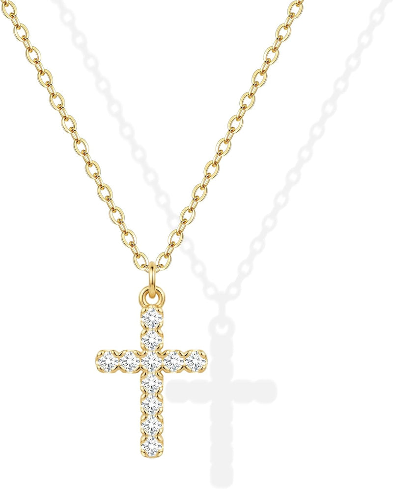 Zeffy Cross Necklace for Women,18K Gold/Silver Plated Tiny Cubic Zirconia Cross Pendant Necklace for Women Simple Layered Cross Necklaces for Women - Gold CZ Cross