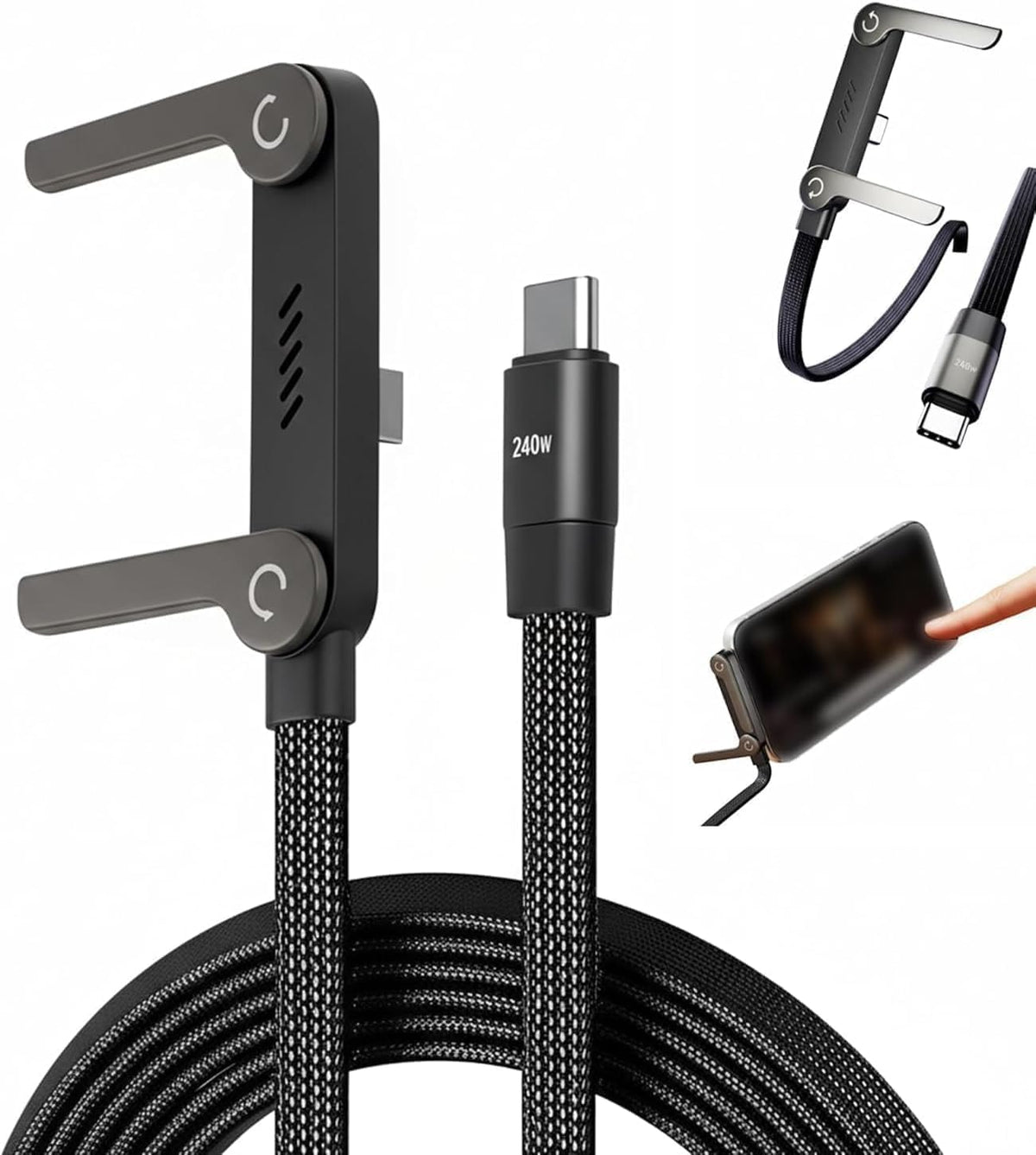 2 in 1 Invisible Stand Charger Cable, 240W Fast Charging Cable for Built-in Phone, 2M Braided Type C Cable with Foldable Stand for Smartphones/Tablets2M Long – image 1