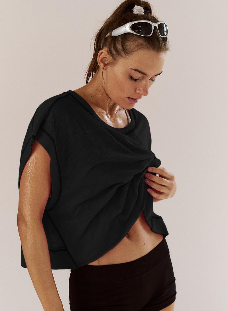 Sthxyfaith Women Short Sleeve Workout Shirts Open Back Tops Casual Yoga Athletic Gym Slouchy Crop Running Tees