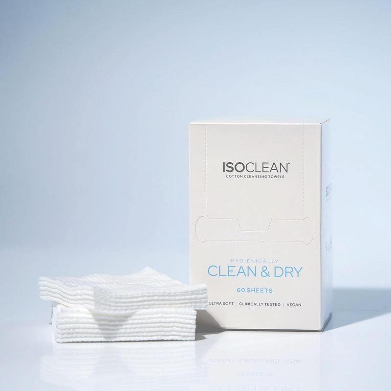 ISOCLEAN Face Towel - Box of 60 Make Up Remover Wipes, Disposable Towels Made with Soft Organic Cotton, Gentle On Sensitive Skin, Ideal for Facial Cleansing and Removing Cosmetic Residue