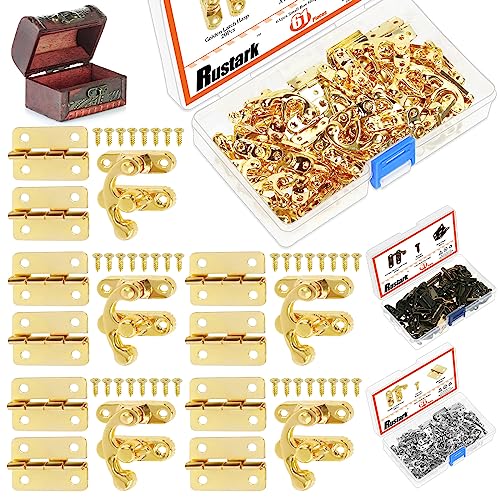 Rustark 20 Sets Gold Antique Small Box Hinges Right Latch Hook Hasp Horn Lock Jewelry Box Hardware Antique Brass Latch Hook Clasp Mini Hinges for DIY Crafts Jewelry Wooden Box