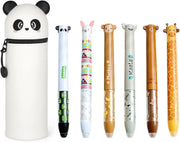 2 in 1 Soft Silicone School Pencil Case with 6PCS Erasable Gel Pens, Pencil Case and Desk Pen Holder, Retractable Capacity, Zipper Closure (Bunny) - Panda