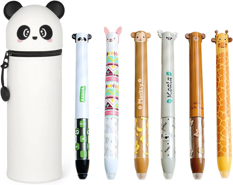 2 in 1 Soft Silicone School Pencil Case with 6PCS Erasable Gel Pens, Pencil Case and Desk Pen Holder, Retractable Capacity, Zipper Closure (Bunny) - Panda