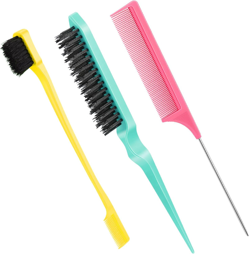 Geiserailie 3 Pcs Slick Back Hair Brush Set Bristle Brush Edge Control Teasing Comb for Women Black Hair(Black)