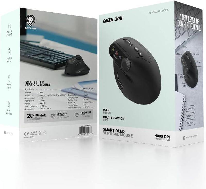 Next Store Smart OLED Vertical Mouse, Ergonomic Wireless Design with OLED Display, Multi-Function Knob, 4000 DPI Adjustable, Bluetooth 5.1 & 2.4G, Rechargeable 500mAh Battery