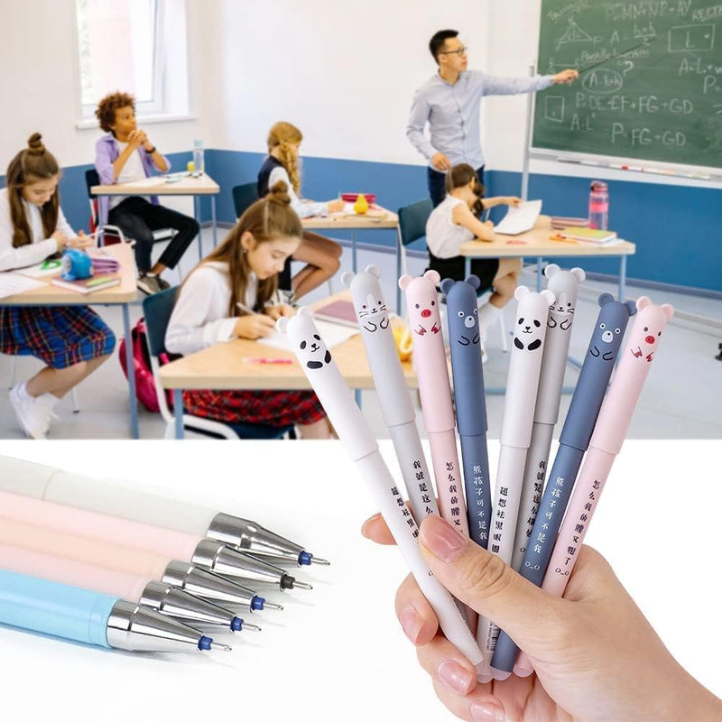 SYOSI 8 Pcs 0.35 mm Erasable Rollerball Pens - Cute Cartoon Animal Friction Design for Student Stationery and Office Supplies
