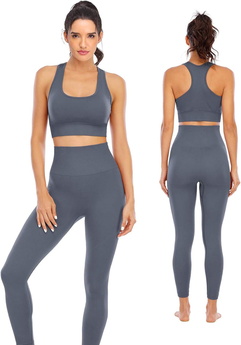 Workout Sets for Women 2 Piece High Waisted Seamless Leggings with Padded Sports Bra Sets - Grey