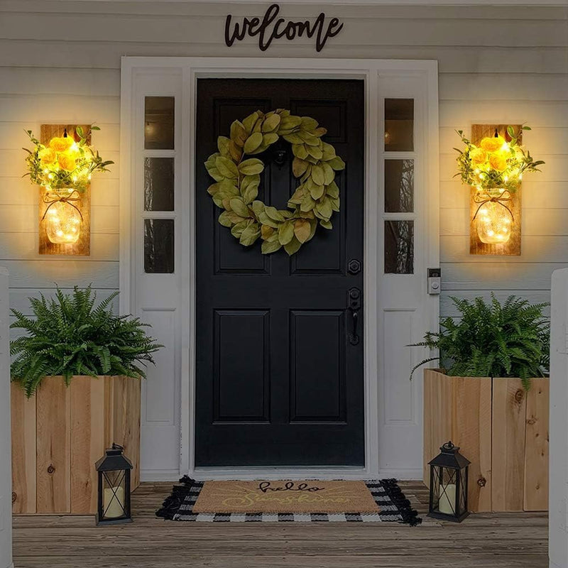 Mumoo Bear Rustic Wall Sconces Mason Jar Handmade Art Hanging Design with Remote Control LED Fairy Lights and White Peony,Farmhouse Kitchen Decorations Living Room Set of Two