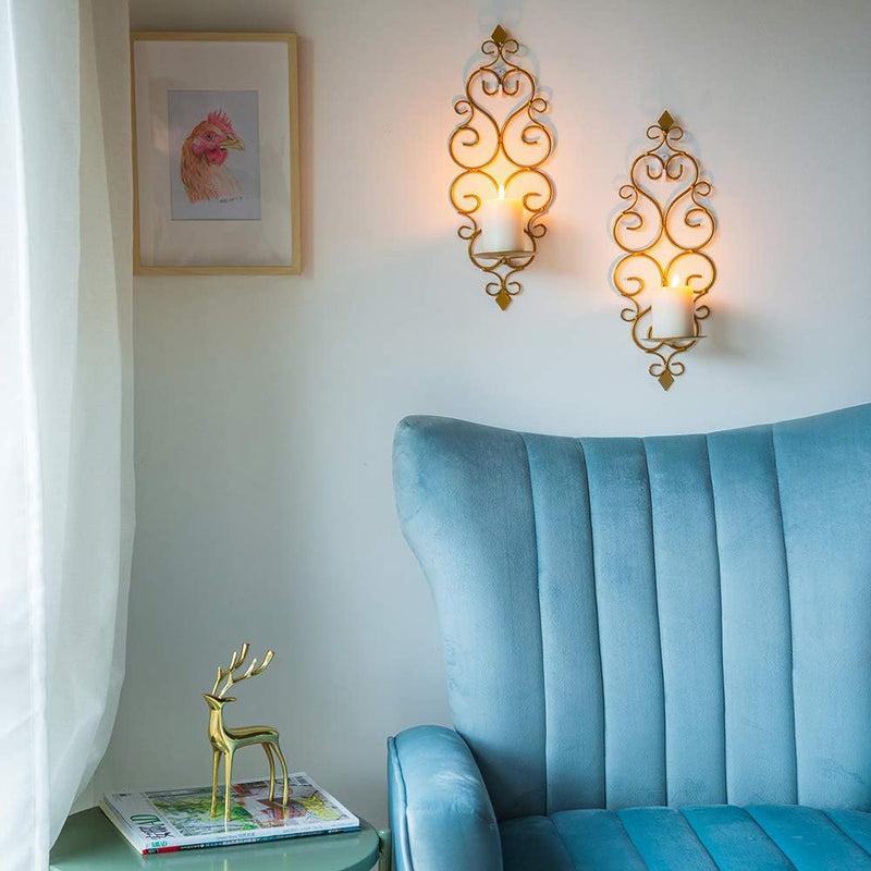 Sziqiqi Wall Candle Sconce Holder Set of 2 Hanging Wall Mounted Pillar Candle Sconces Holder, Wall Sconces Decor for Bedroom Dining Room Living Room Bathroom (Gold)