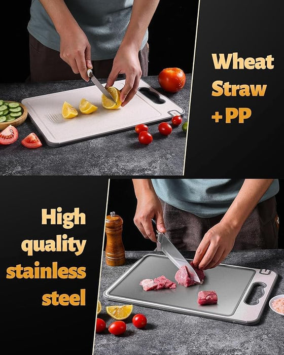 Stainless Steel Cutting Board Kitchen with Food-Grade Rice Husk Fiber, Titanium Cutting Board with Wheat Straw PP, Double-Sided, Easy-Grip Handle, 18x12 Inch