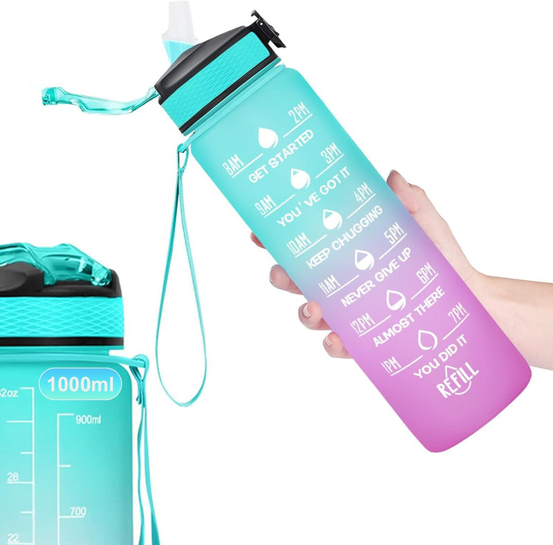 Motivational Water Bottle 1L with Straw BPA-Free, Leakproof Sports Bottle with Time Marker for Kids and Adults, Drink bottle for Gym, Travel, School, Office Use, Daily Hydration