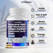 Resveratrol NAD+ Berberine Hyaluronic Acid - Biotin Grape & Blueberry + NAC - Collagen Peptides - Hair, Nail, Skin & Joint Supplement - 21-in-1 Women and Men - Made in USA (60 Count (Pack of 1) - 60 Count (Pack of 1)