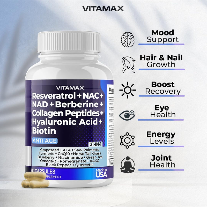 Resveratrol NAD+ Berberine Hyaluronic Acid - Biotin Grape & Blueberry + NAC - Collagen Peptides - Hair, Nail, Skin & Joint Supplement - 21-in-1 Women and Men - Made in USA (60 Count (Pack of 1) - 60 Count (Pack of 1)