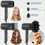 Oxsaytee 2400W Hair Blow Dryer with Diffuser, Foldable Mini Travel Hair Dryer, Ionic Hair Dryer With Storage Bag Bow Dryer for Curly Hair Fast Drying For Home Salon Travel (Black)