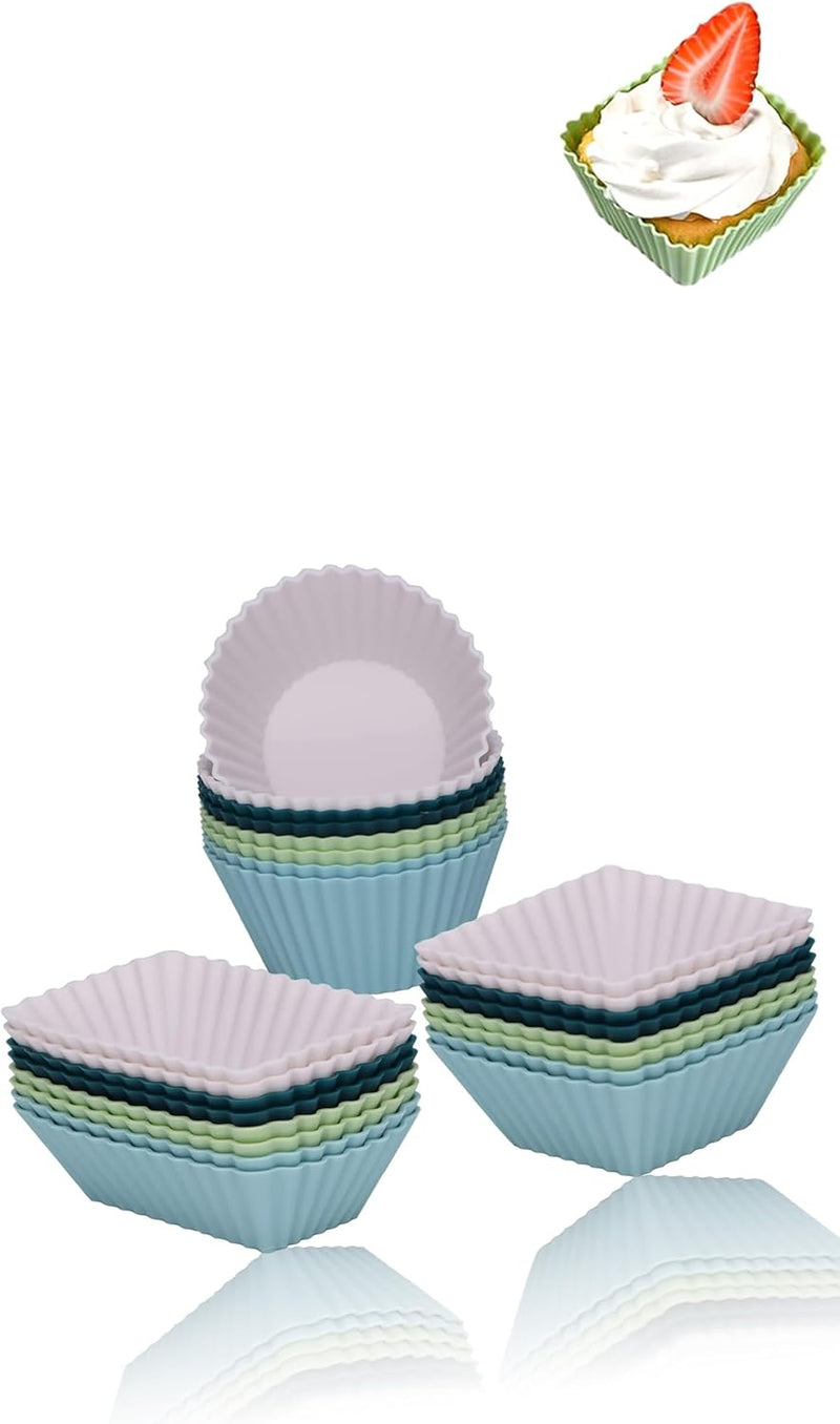 24-Pack Reusable Silicone Cupcake Liners - 3 Shapes Muffin Liners & Cake Molds - Multicolor Bento Lunch Box Dividers Included