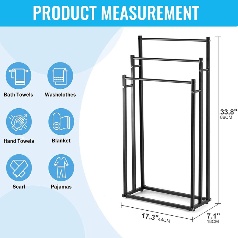 SKY-TOUCH 3 Tiers Metal Towel Rack Freestanding Drying Storage Display Rack for Bathroom Tub Shower Poolside- Bottom 44x21.5CM Height 66/76/86CM (86 44 21cm) Black