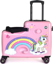 Kids Ride On Suitcase for Girls, Pink Unicorn Toddler Travel Luggage, Carry On Friendly Rideable Trolley Case with Seat, Pull Strap and Wheels, for Ages 2-6, Up to 80 lb