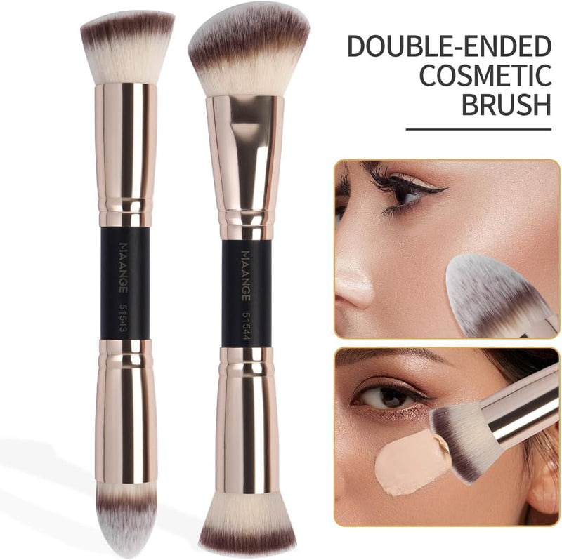 MAANGE Foundation Makeup Brushes, 2Pcs Premium Double-Ended Makeup Brush (Flat/Angled/Angled Round/Tapered Top) for Buffing Liquid, Cream, Powder, Blending Contour Face Brush(Black/Gold)