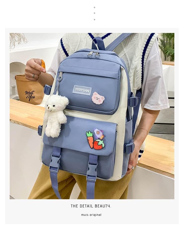 GGEROU Kids Backpack set 5Pcs Aesthetic School Bags,Aesthetic Backpack Cute Kawaii School Bag with Pendant Lunch Bag,Pencil Case,Handbag,Coin Purse