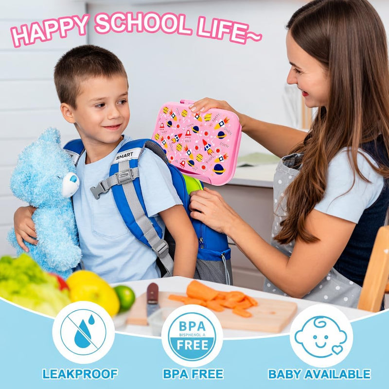 Kids Bento Lunch Box,5-Compartment Leakproof Container with handle Movable Snack Box BPA-Free, Dishwasher & Microwave Safe Utensils Included for Kids/Adults School, Office & Travel Pink