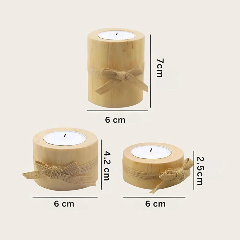 Cozy Nest 3 Piece Rustic Wooden Tea Light Cylindrical Candlestick Holders with Bowknot & Succulent Pot – Decorative Table Centerpieces for Wedding, Party, Birthday, Holiday & Home Decoration