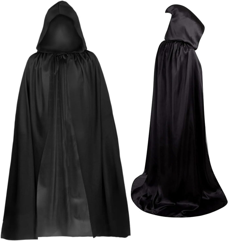 Halloween Costumes Halloween Cloak Cape Grim Reaper Costumes, Black satin Hooded Cape for Men Women