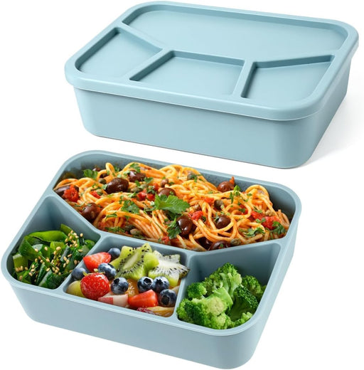 NALACAL Silicone Bento Box, Bento Lunch Box with 4 Compartments, Leak-Proof Salad Bento Boxes, Sauce Container, Utensils, Food Picks and Muffin Cups, Microwave, Dishwasher and Freezer Safe, Blue
