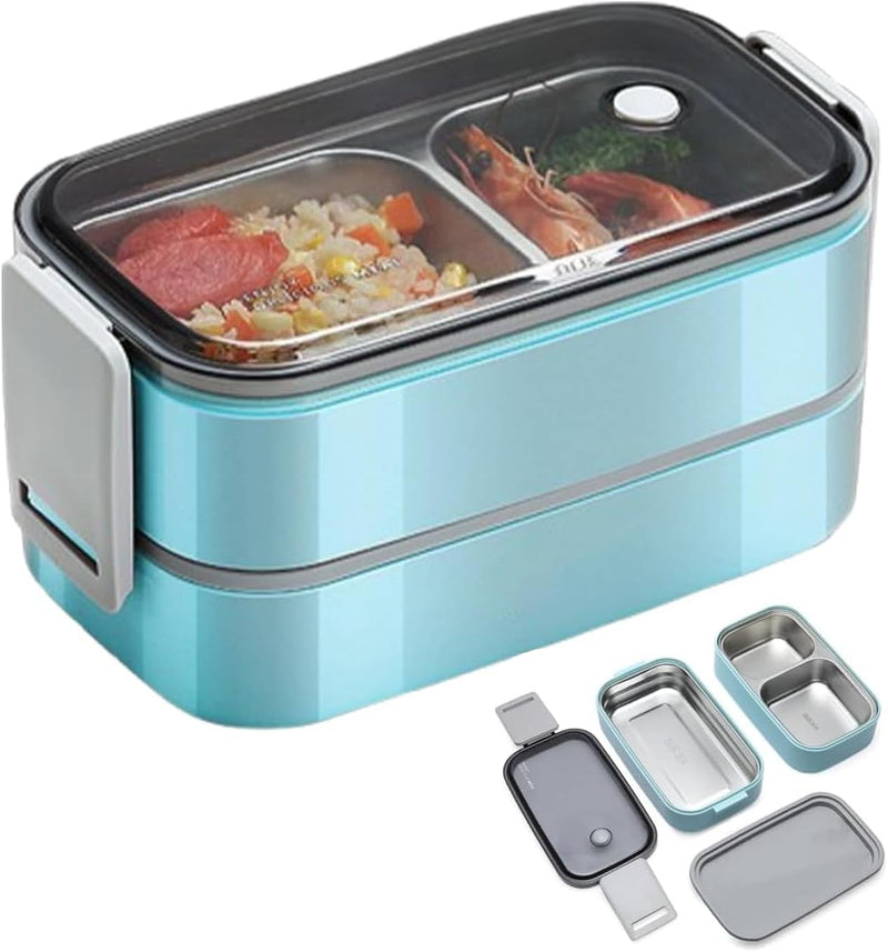 Bento Lunch Box For Kids Adult,Stainless Steel tiffin box with Spoon Chopsticks,Insulated Bento Box,LUnch BoX Containers with 2 tier 3 Compartments,for Work School Travel - Blue