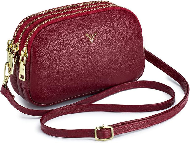 Small Crossbody Bags Genuine Leather Shoulder Handbags Trendy Design Cellphone Purses for Women and Girls - A-wine