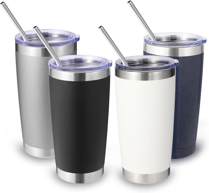 Volhoply 20oz Stainless Steel Tumbler with Lid and Straw,Double Wall Insulated Travel Iced Coffee Mug Fits Car Cup holder,Powder Coated Cups for Hot and Cold Drinks,Gifts for Women Men（White,1 Set）