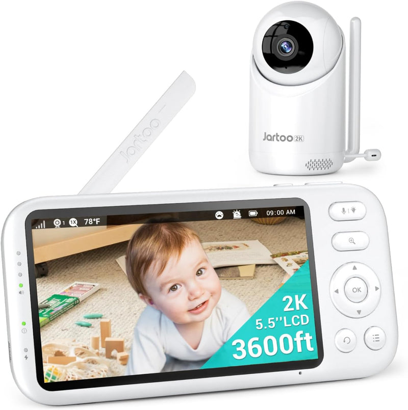 Jartoo 2K Video Baby Monitor with Camera and Audio, 1860ft Long Range Baby Monitor No WiFi 5.5" FHD Screen ANC Baby Camera Wireless, Feeding Clock, Night Vision, 2-Way Talk, AI Cry Detect, 6000mAh