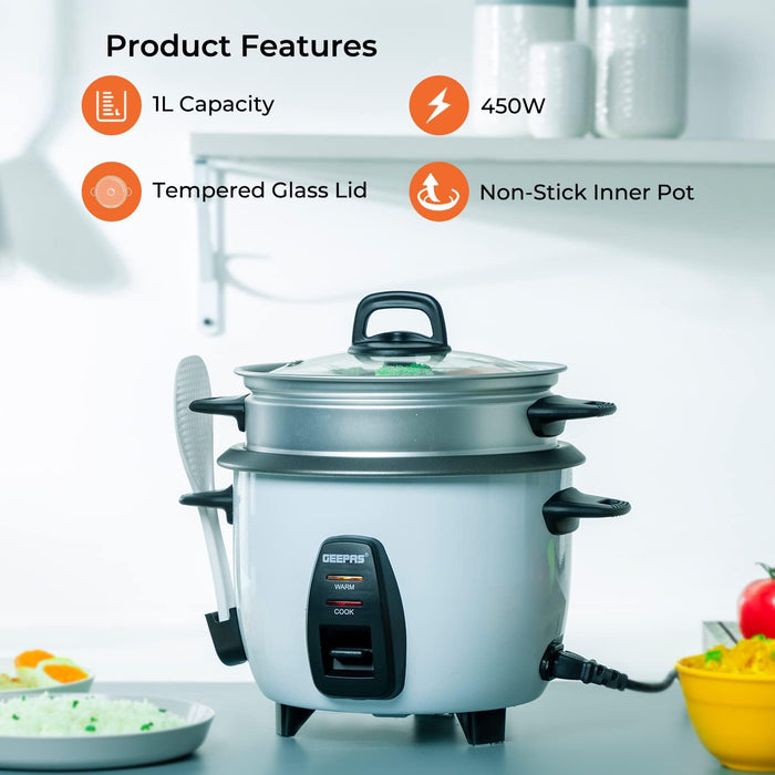Geepas Electric rice cooker GRC4325N| 1.0L Capacity| 3 in 1| Cook, Steam and Keep Warm| Non-Stick| 450W| Single Switch | White| 2 Years Warranty