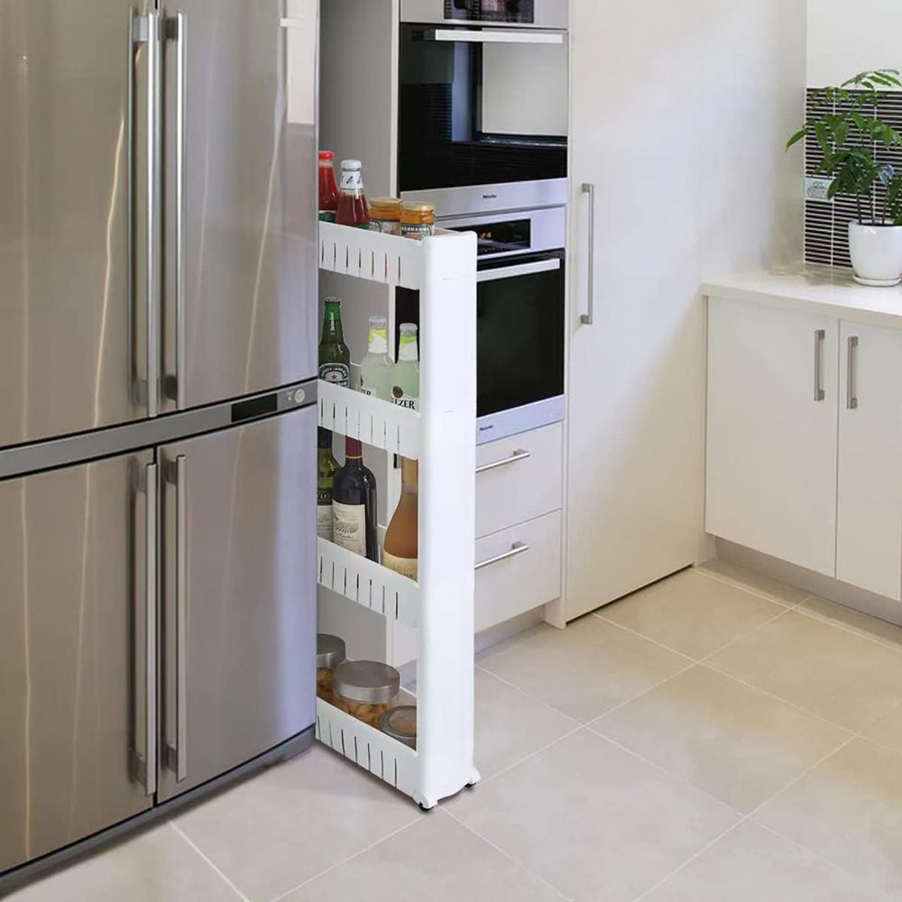 SKY-TOUCH 4 Tier Kitchen Plastic Storage Shelf Slim, Mobile Narrow Rolling Cart with Wheels, Storage Cart for Kitchen Bathroom Laundry Office Narrow Places