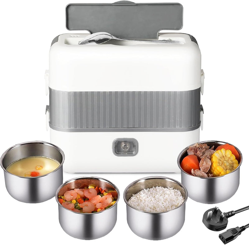 VAODO Electric Lunch Box Food Heater, 3 Layers 2L Portable Electric Heated Insulated Lunch Box, Multifunctional Food Warmer Container, Steam Cooker with Rice Set, with Egg Holder, Black