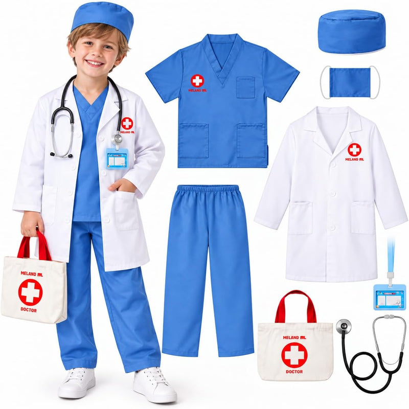 Meland Doctor Costume for Kids 3-10, Pretend Play Career Dress Up with Bag - Blue