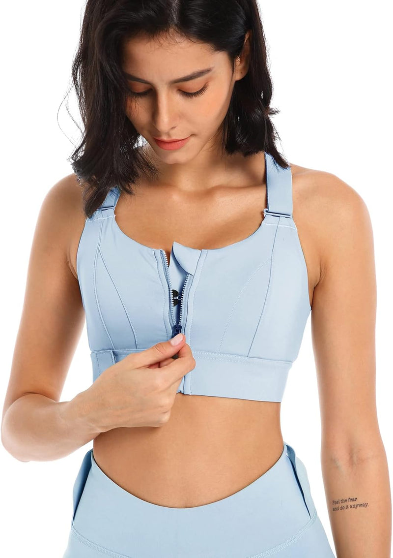 Sports Bra for Women High Impact Work Out Bra with Support Front Zipper Gym Padded Bras with Adjustable Straps