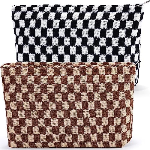 ZLFSRQ 3Pcs Checkered Makeup Bag for Women Large Cosmetic Bag Set Travel Toiletry Bag Makeup Pouch Bag for Purse Pink Zipper Storage Bag Organizer Cute Small Aesthetic Girls Car Essentials Bag
