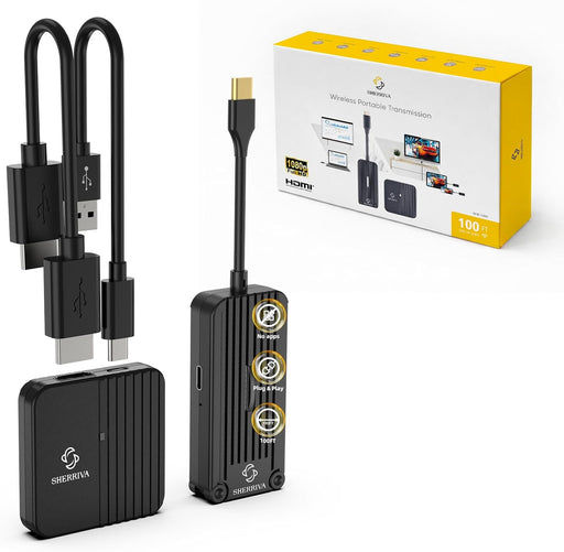 Wireless USB Type-C Transmitter and HDMI Receiver 1080P60Hz, 2.4G/5G Wireless HDMI Adapter Kit, 100FT Range, Compatible for Laptop, PC, Monitor, Projector, HDTV, Plug&Play, No App/WiFi