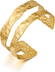 Hammered Chunky Cuff Bracelets for Women Vintage Boho Wide Bangle Bracelets Irregular Statement Bracelet Thick Gold Silver Bracelet - Gold Cuff-Double Layer