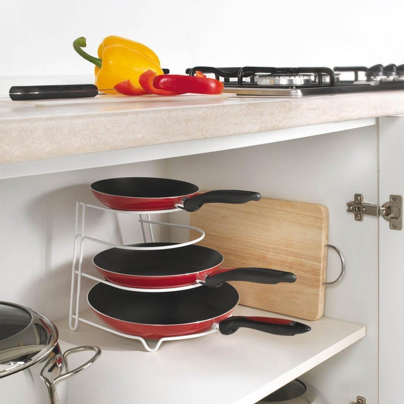 Metaltex Frypan Holder Sierra White 4-Seat Pan Organizer Countertop, Cabinet, or Drawer Storage Iron Wire Body with LDPE Coating