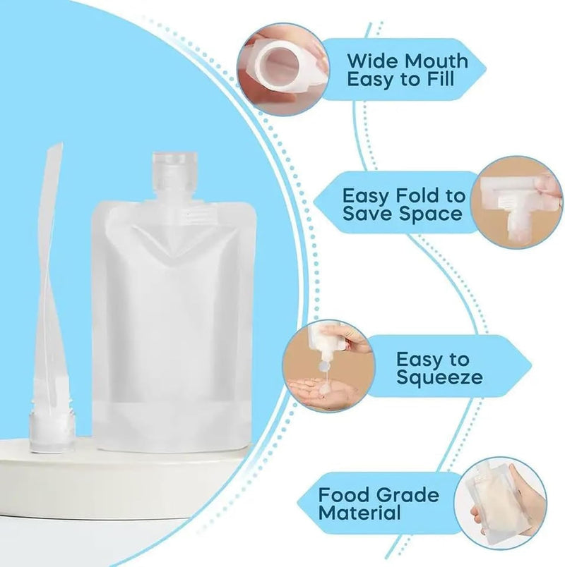 athus 10 Pack Travel Pouches for Toiletries with Funnels, 50 ML TSA Approved Travel Size Portable Refillable Empty Containers Squeeze Pouches Travel Bottles for Shampoo Conditioner Lotion Soap Liquids